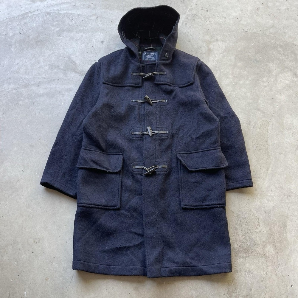 Burberry London Men's Vintage 80s Luxury Casual Navy Blue Nova Check Duffle Coat